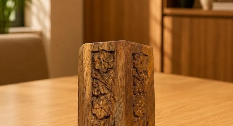 Handmade Wooden Pen Holder – Carved Wooden Pencil Stand for Desk & Off