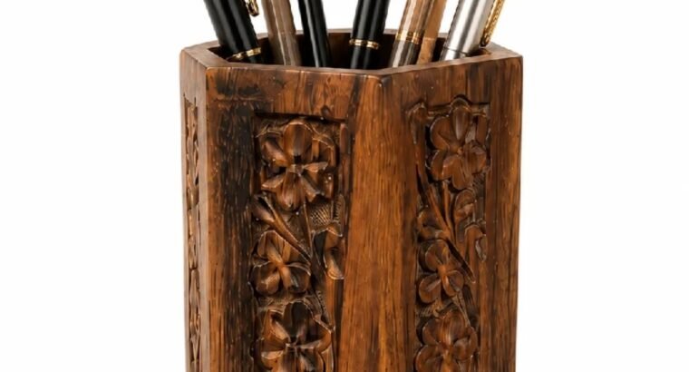 Handmade Wooden Pen Holder – Carved Wooden Pencil Stand for Desk & Off